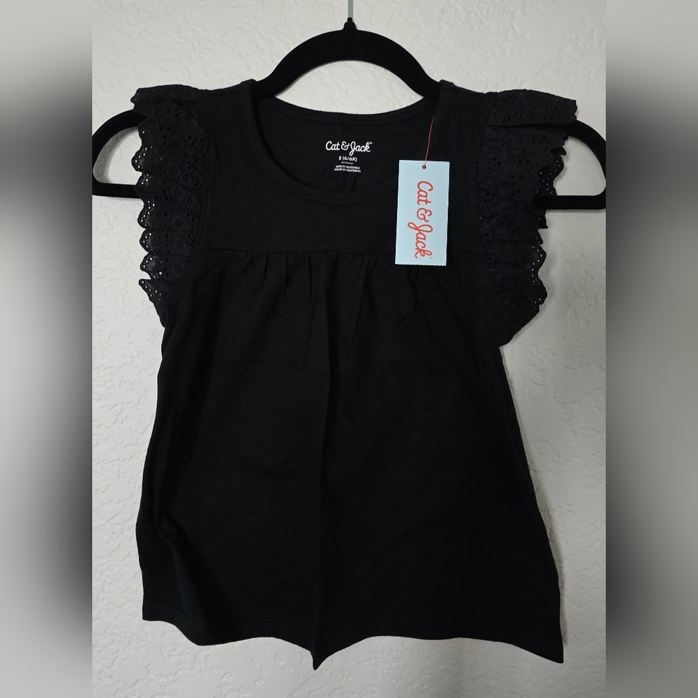 Cat & Jack Black Eyelet Sleeve Top Kids Size Small (6-8) NWT
